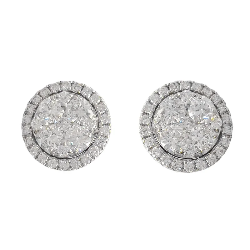 Vintage Stud Earrings with Patina -14k White Gold Diamond Cluster Halo Stud Earrings 1.75ctw G VS1