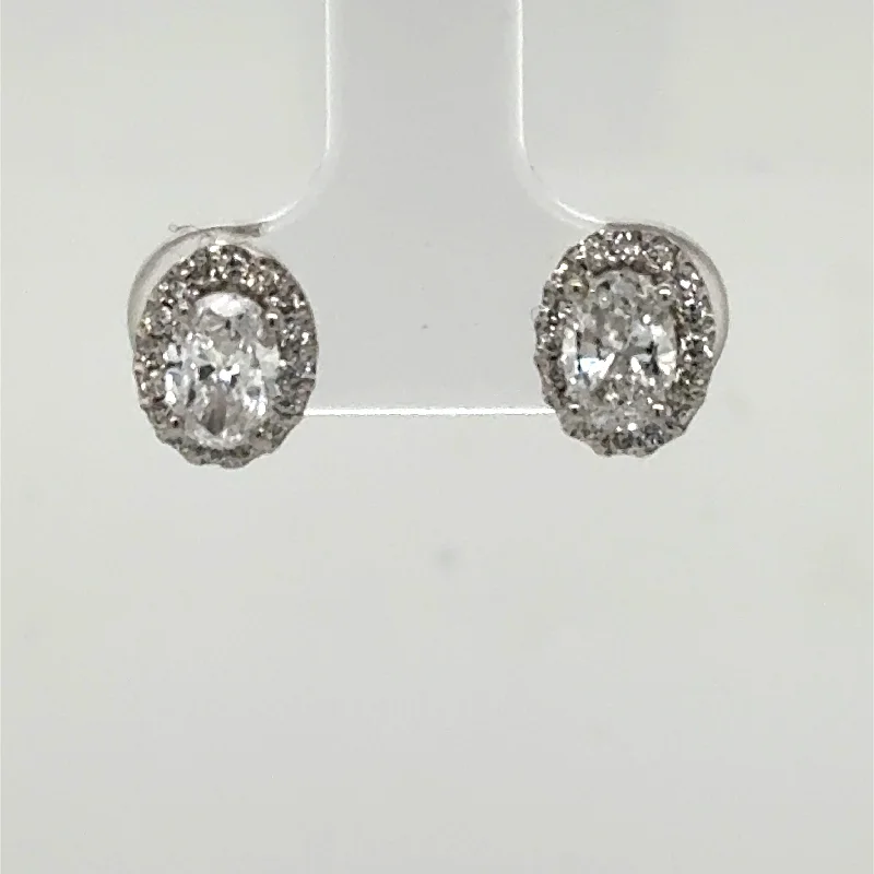 Stud Earrings with Etching -14K White Gold Oval Lab Grown Diamond Halo Stud Earrings