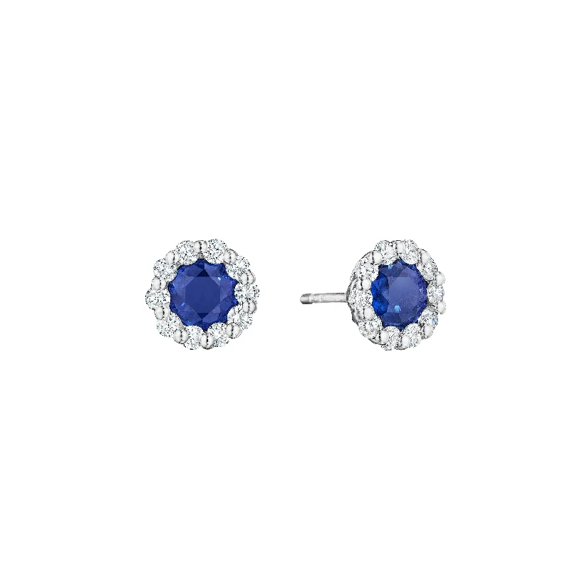 Crystal Stud Earrings for Sparkle -Sabel Collection 14K White Gold Round Sapphire and Diamond Halo Stud Earrings