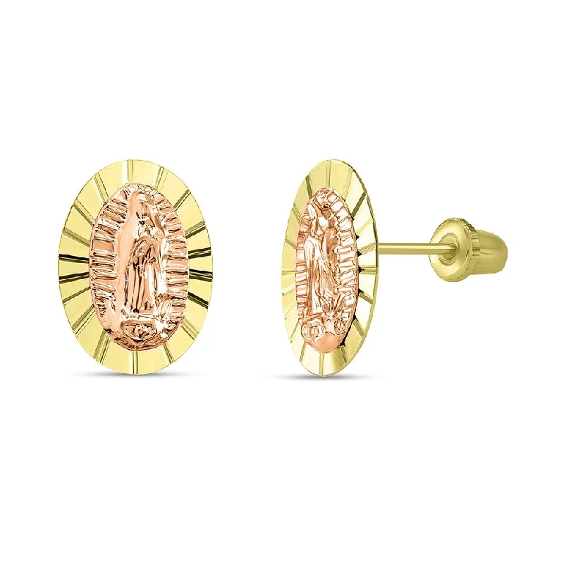 Stud Earrings for Wellness Routine -14k Yellow and Rose Gold Textured Oval Our Lady Of Guadalupe Stud Earrings with Screw Back