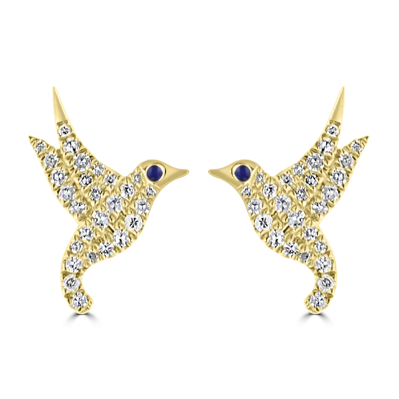 Hypoallergenic Stud Earrings for Sensitive -14KT YELLOW GOLD 0.20CTW DIAMOND HUMMINGBIRD STUD EARRINGS