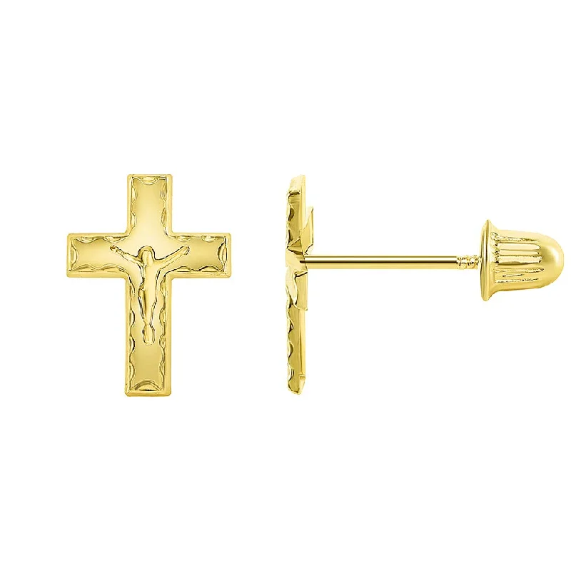 Stud Earrings with Debossed Designs -14k Yellow Gold Christian Cross Jesus Silhouette Crucifix Stud Earrings with Screw Back