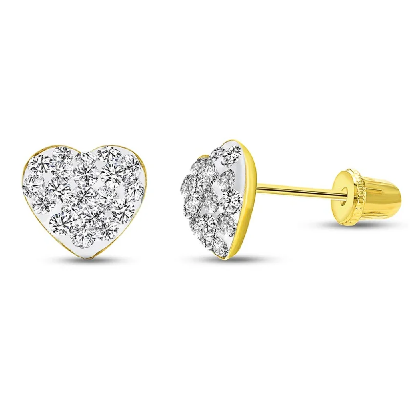 Stud Earrings for Valentine's Day -14k Yellow Gold Clear CZ Heart Stud Earrings with Screw Back