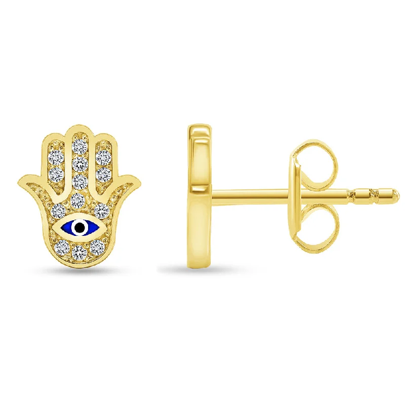 Stud Earrings with Gemstones and Beads -14k Yellow Gold Cubic-Zirconia Hamsa Hand of Fatima with Evil Eye Stud Earrings with Screw Back, 9mm