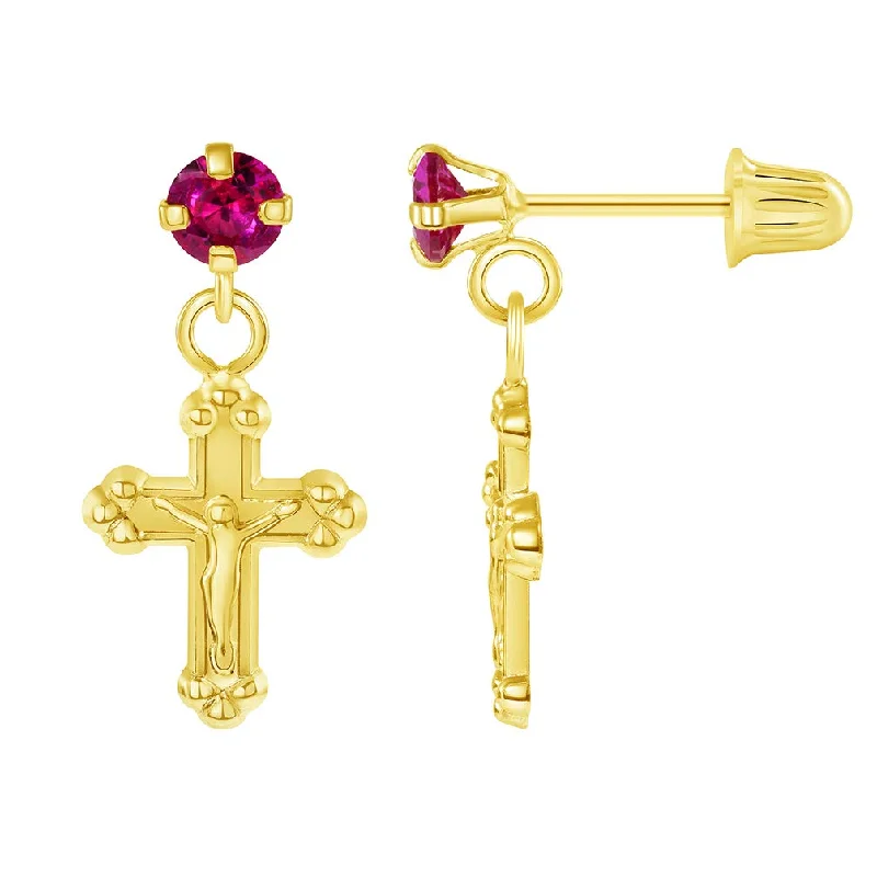 Indian Stud Earrings with Intricacy -14k Yellow Gold Cubic-Zirconia Religious Cross Crucifix Dangling Drop Stud Earrings with Screw Back