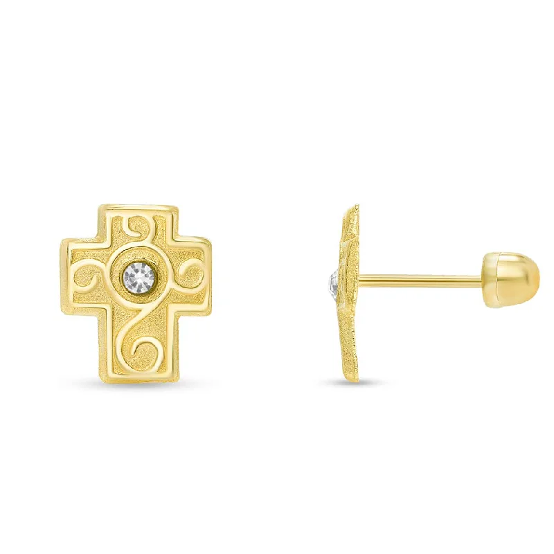 Small Stud Earrings for Delicate -14k Yellow Gold Cubic-Zirconia Religious Ornate Latin Cross Stud Earrings with Screw Back