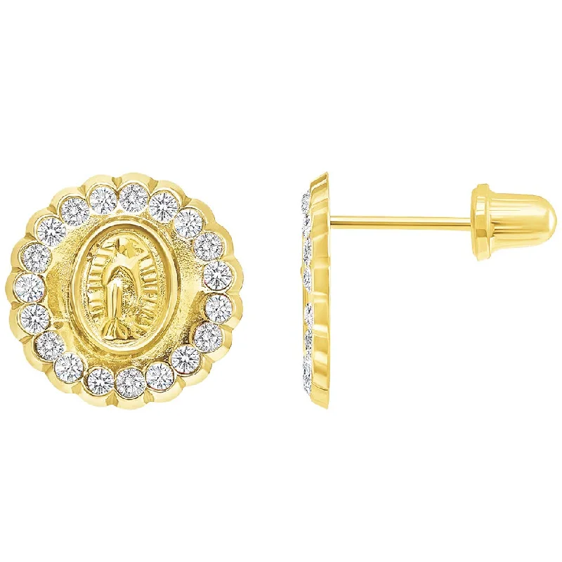 Multi Stud Earrings with Chains -14k Yellow Gold Cubic Zirconia Round Our Lady Of Guadalupe Stud Earrings with Screw Back