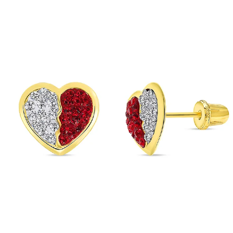 Stud Earrings for Casual Outfit -14k Yellow Gold CZ Heart Stud Earrings with Screw Back