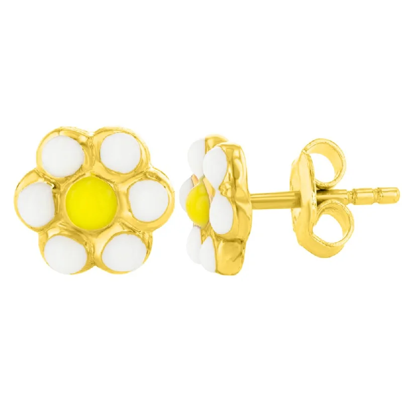 Stud Earrings with Star Motifs -14k Yellow Gold Daisy Flower Stud Earrings with Yellow & White Enamel