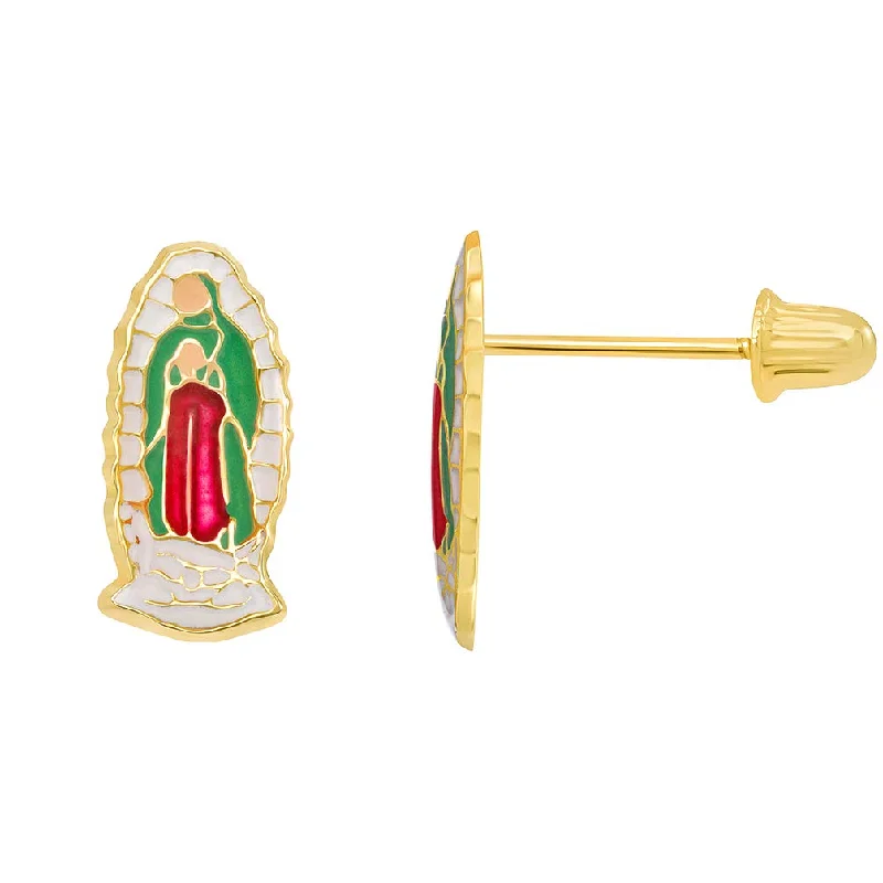 Stud Earrings with Pearls and Diamonds -14k Yellow Gold Enamel Miraculous Our Lady Of Guadalupe Stud Earrings with Screw Back