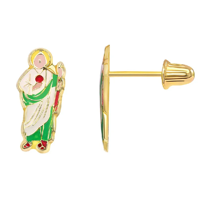 Stud Earrings with Crystals -14k Yellow Gold Enamel St Jude Thaddeus Patron Saint Stud Earrings with Screw Back