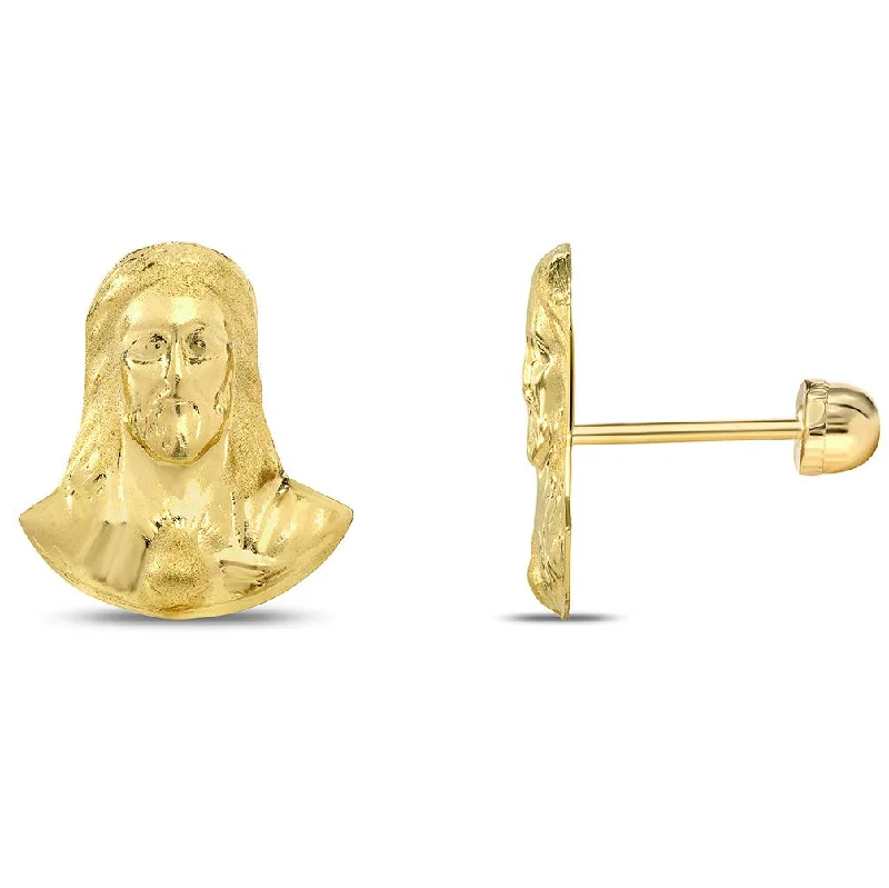 Animal Print Stud Earrings for Fun -14k Yellow Gold Face of Jesus Christ Sacred Heart Stud Earrings with Screw Back