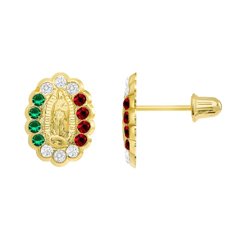 Hypoallergenic Stud Earrings for Sensitive -14k Yellow Gold Green, Red, and White Cubic Zirconia Miraculous Our Lady Of Guadalupe Stud Earrings with Screw Back