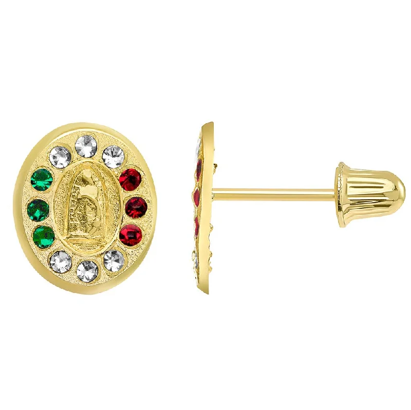 Detachable Stud Earrings with Charms -14k Yellow Gold Green, Red, and White Cubic Zirconia Oval Our Lady Of Guadalupe Stud Earrings with Screw Back