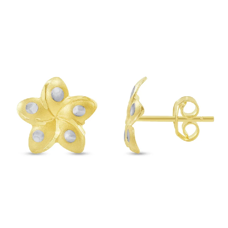 Stud Earrings for Party Look -14k Yellow Gold Hawaiian Flower Plumeria Stud Earrings with Screw Back, 10.5mm x 11mm