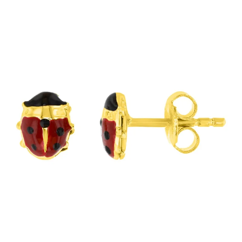 Stud Earrings with Infinity Symbols -14k Yellow Gold Ladybug Stud Earrings with Red and Black Enamel