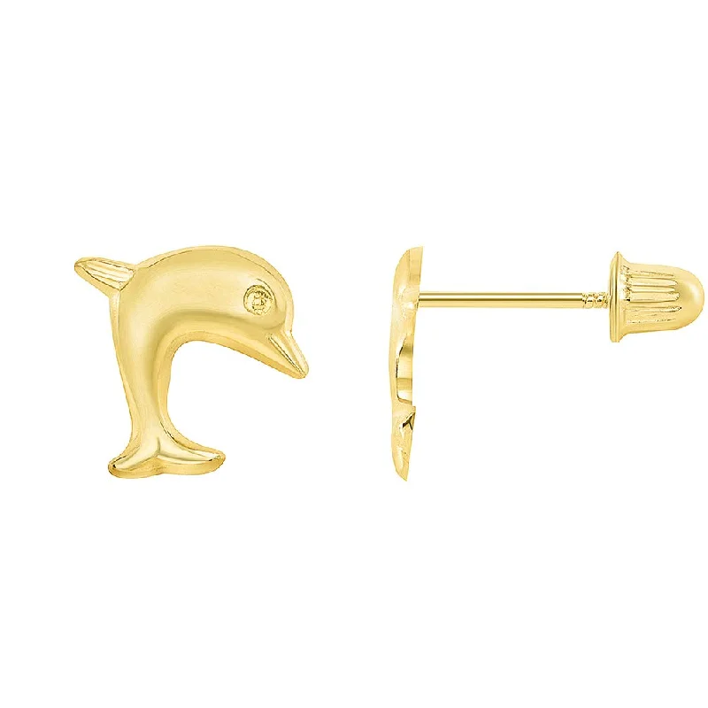 Stud Earrings for Bridesmaids Look -14k Yellow Gold Mini Jumping Dolphins Stud Earrings with Screw Back