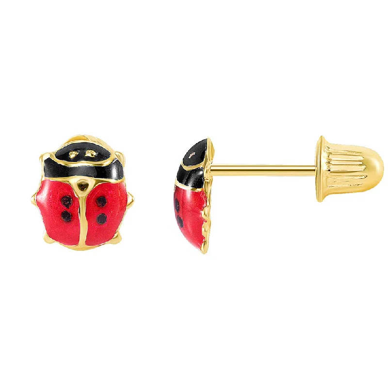 Stud Earrings for Party Look -14k Yellow Gold Mini Ladybug Stud Earrings with Screw Back (5.5 x 5 mm)