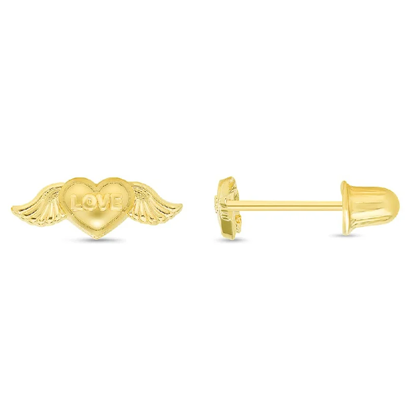 Stud Earrings with Polished Shine -14k Yellow Gold Mini Love Heart with Wings Stud Earrings