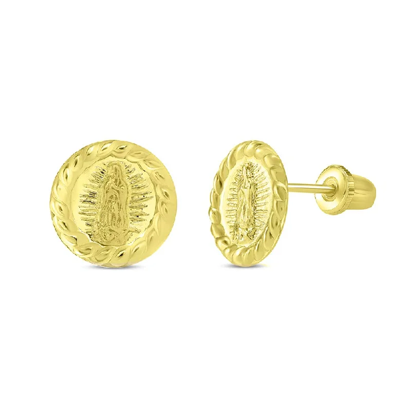 Stud Earrings for Yoga Session -14k Yellow Gold Our Lady Of Guadalupe Stud Earrings in Round Rope Design with Screw Back