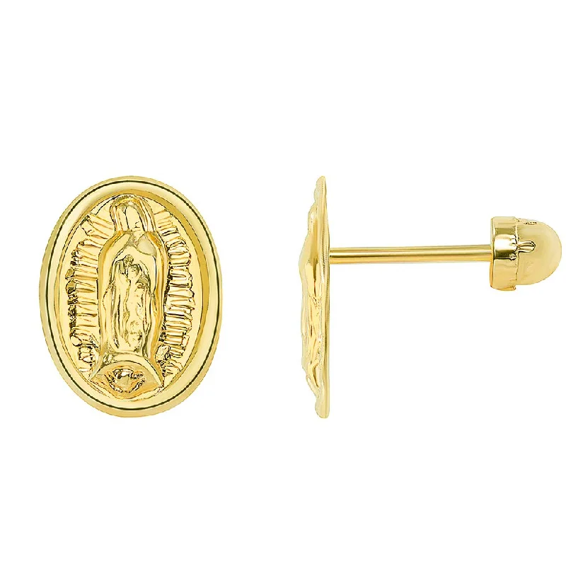 Stud Earrings for Wedding Ceremony -14k Yellow Gold Oval Our Lady Of Guadalupe Stud Earrings with Screw Back