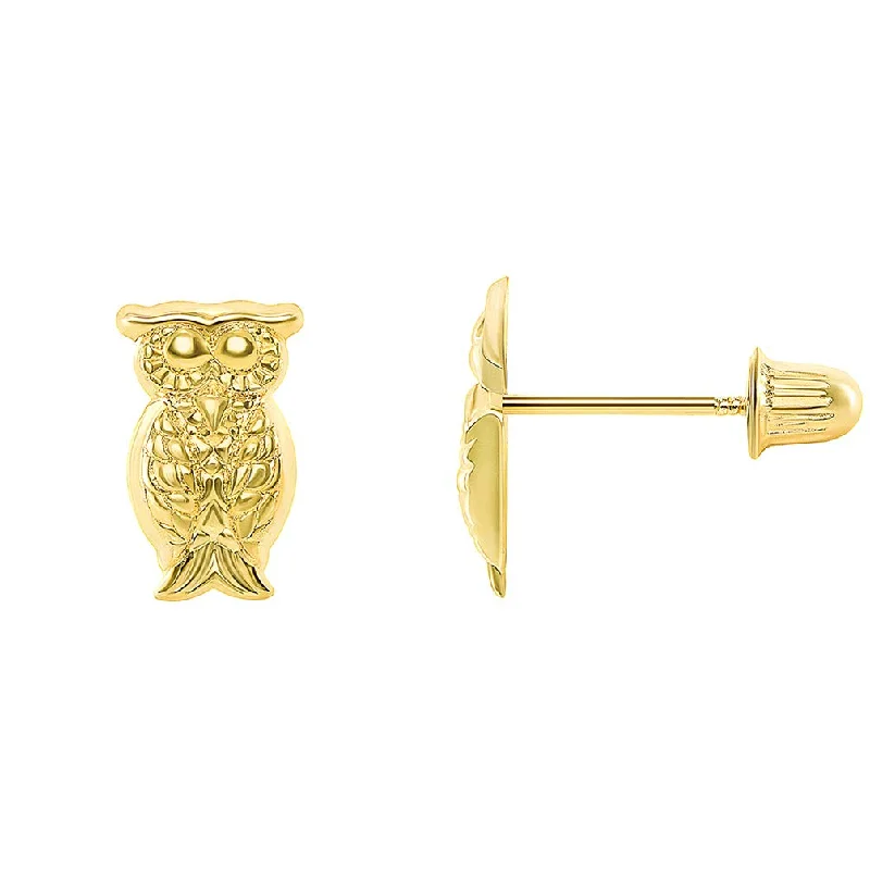 Stud Earrings for Engagement Party -14k Yellow Gold Owl Animal Stud Earrings with Screw Back