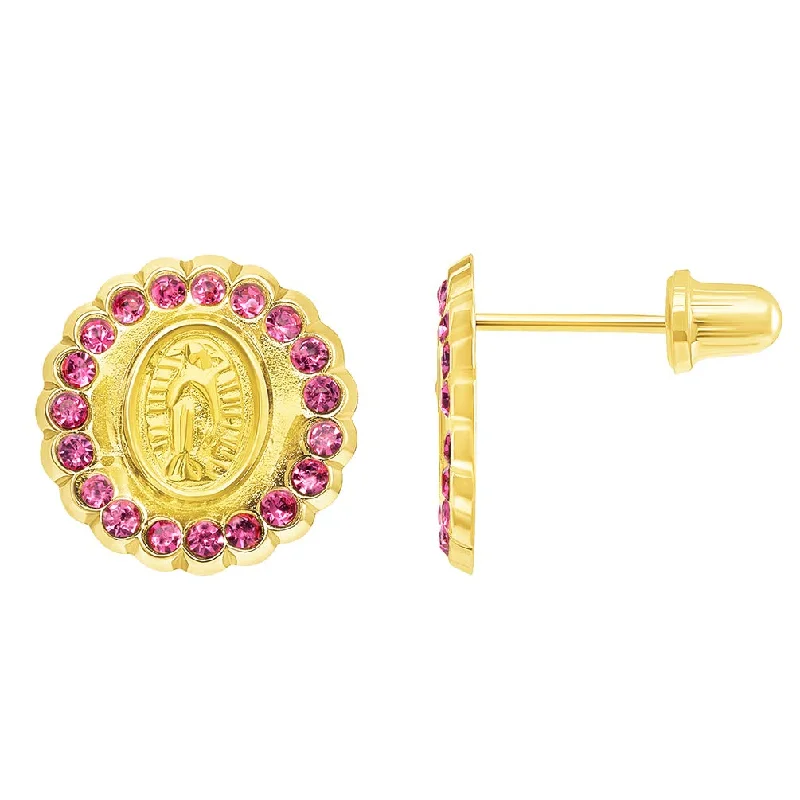 Double Stud Earrings for Impact -14k Yellow Gold Pink Cubic Zirconia Round Our Lady Of Guadalupe Stud Earrings with Screw Back