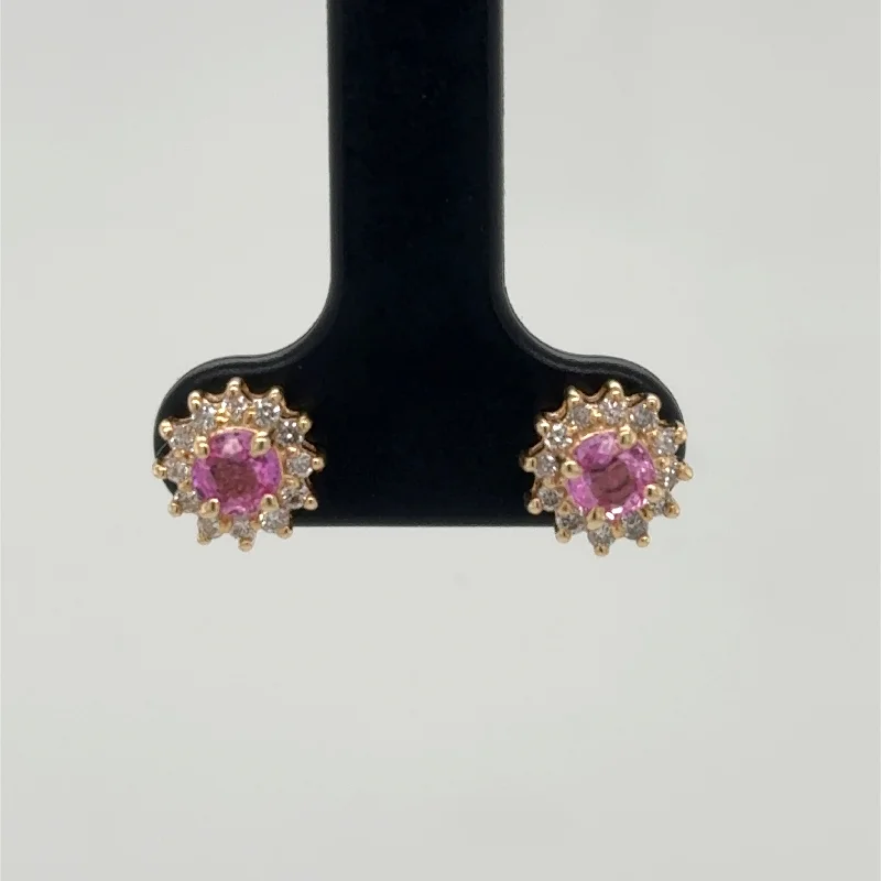 Stud Earrings with Filigree -14K Yellow Gold Pink Sapphire & Diamond Stud Earrings