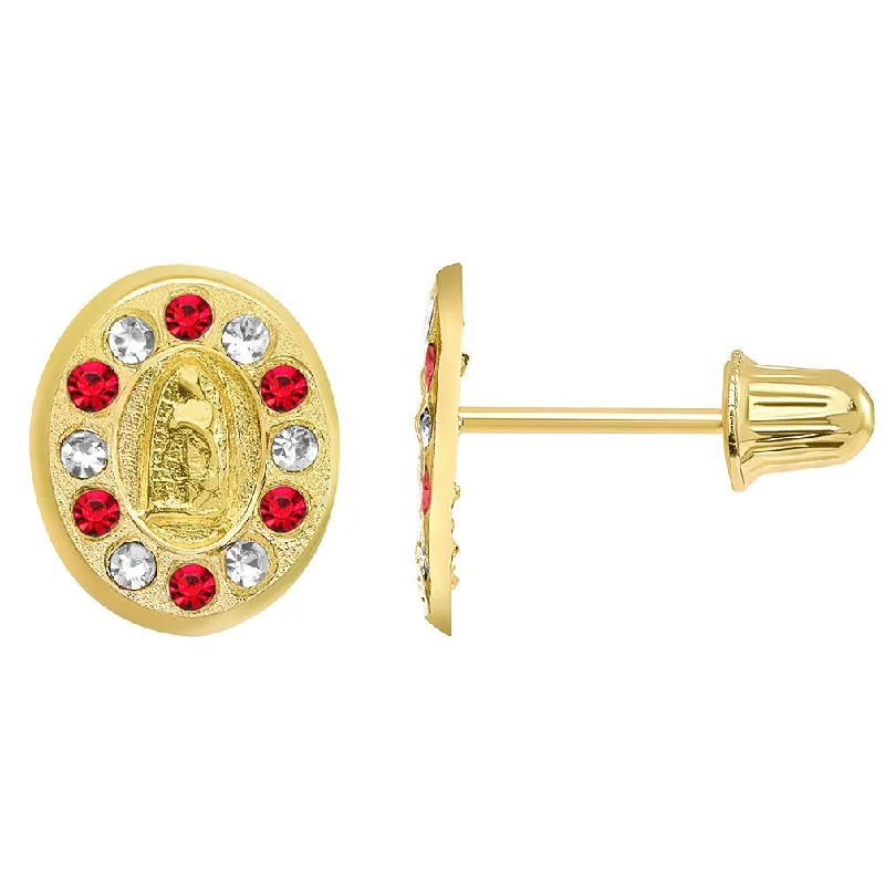 Push Back Stud Earrings for Convenience -14k Yellow Gold Red and White Cubic Zirconia Oval Our Lady Of Guadalupe Stud Earrings with Screw Back