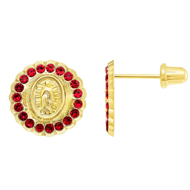 Triple Stud Earrings for Layered -14k Yellow Gold Red Cubic Zirconia Round Our Lady Of Guadalupe Stud Earrings with Screw Back