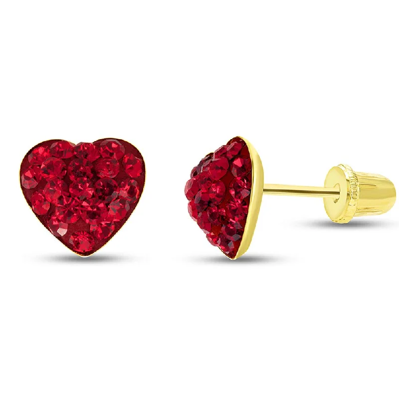 Stud Earrings with Enamel -14k Yellow Gold Red CZ Heart Stud Earrings with Screw Back