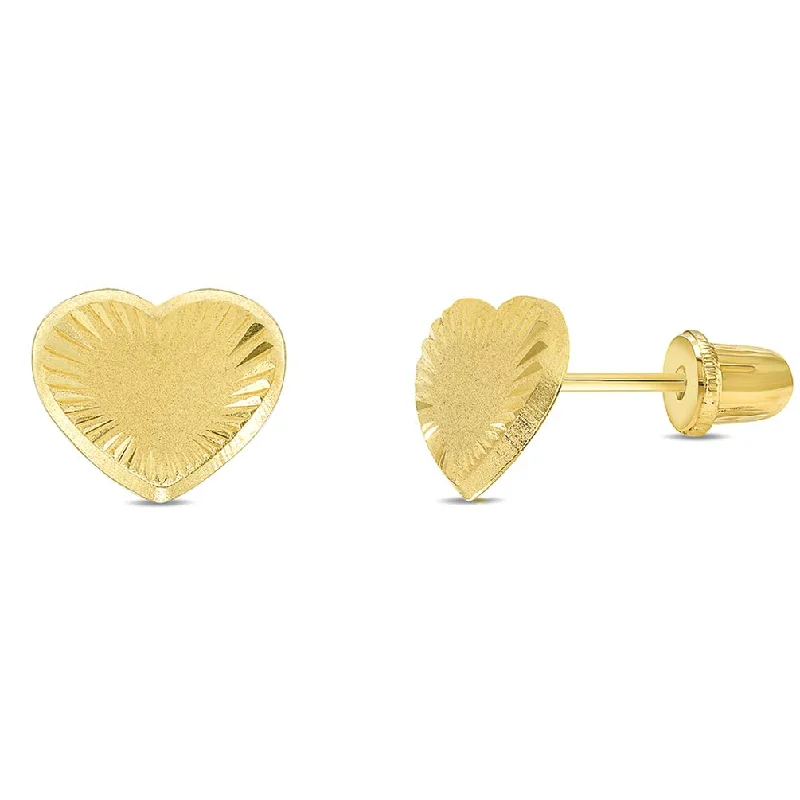 Lightweight Stud Earrings for All Day -14k Yellow Gold Textured and Matte Finish Heart Stud Earrings with Screw Back