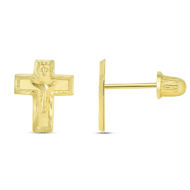 Stud Earrings with Matte Finish -14k Yellow Gold Textured Christian Cross Crucifix Stud Earrings with Screw Back