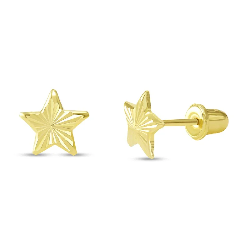 Stud Earrings for School Uniform -14k Yellow Gold Textured Mini Star Shaped Stud Earrings with Screw Back