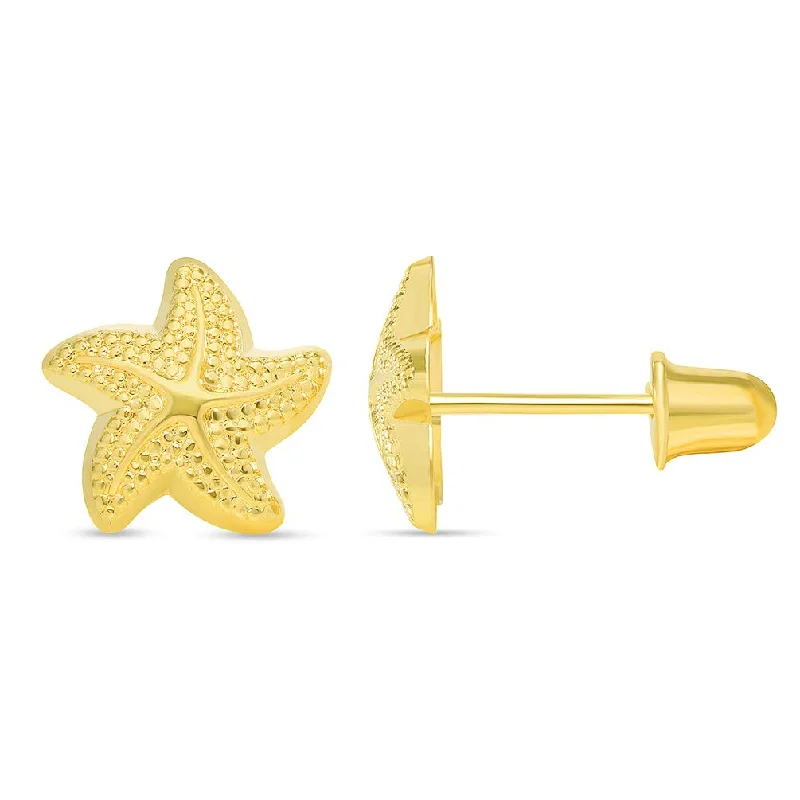 Stud Earrings with Gemstones and Beads -14k Yellow Gold Textured Starfish Stud Earrings with Screw Back