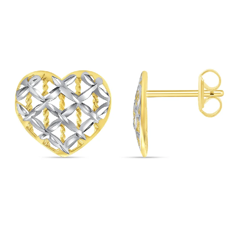 Stud Earrings with Filigree -14k Yellow Gold Textured Two-Tone Fancy Heart Stud Love Stud Earrings with Screw Back, 10.5mm