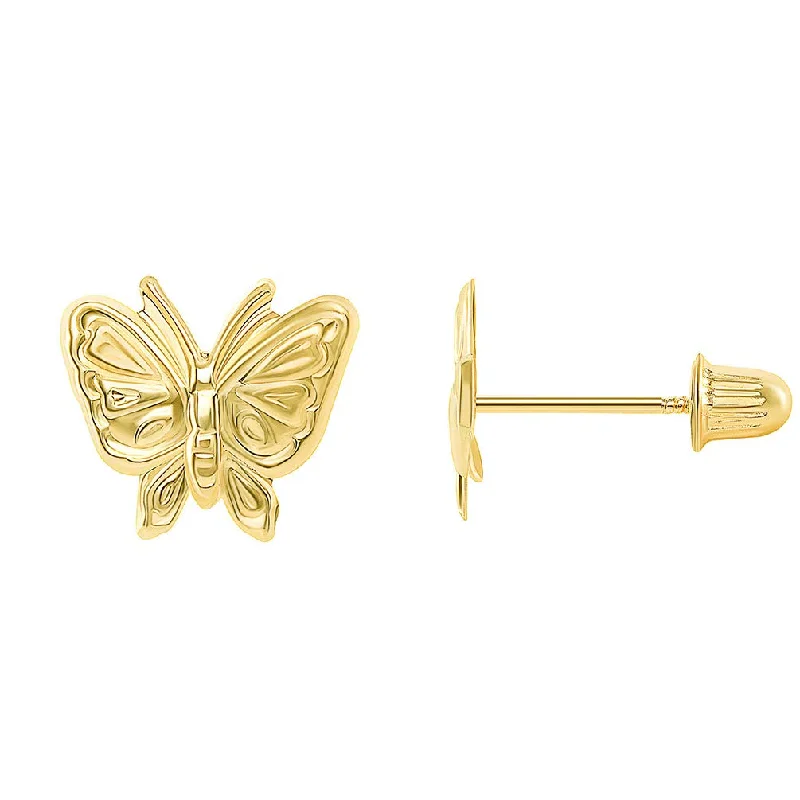 Stud Earrings for Prom Night -14k Yellow Gold Well Detailed Mini Butterfly Stud Earrings with Screw Back