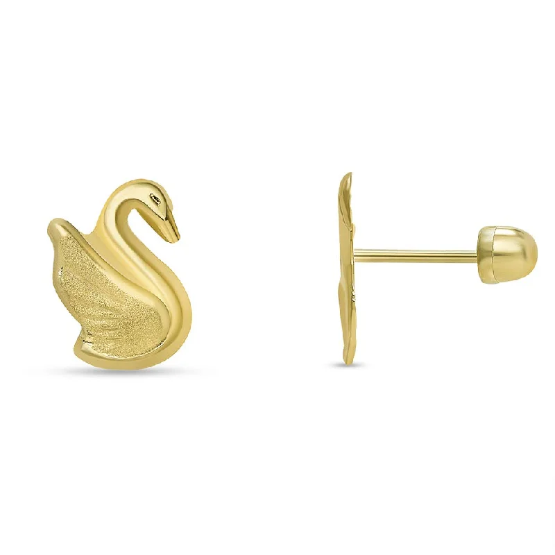 Large Stud Earrings for Statement -14k Yellow Gold Well Detailed Swan Stud Earrings with Screw Back