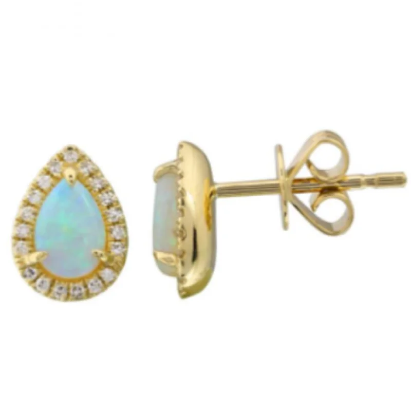 Triple Stud Earrings for Layered -14K Yellow Opal Stud Earrings With Diamond Halo