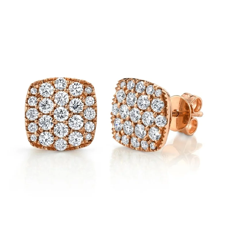 Bohemian Stud Earrings with Tassels -14KT GOLD 1.10 CTW DIAMOND PAVE CUSHION STUD EARRINGS