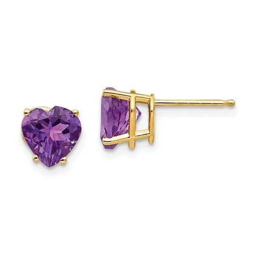 Ethnic Stud Earrings with Tribal Design -14KT YELLOW GOLD HEART AMETHYST STUD EARRINGS