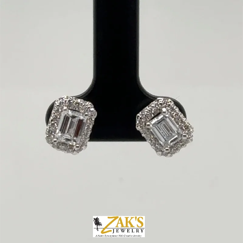 Stud Earrings for Formal Attire -14K White Gold LabGrown Diamond Emerald Cut Halo Stud Earrings