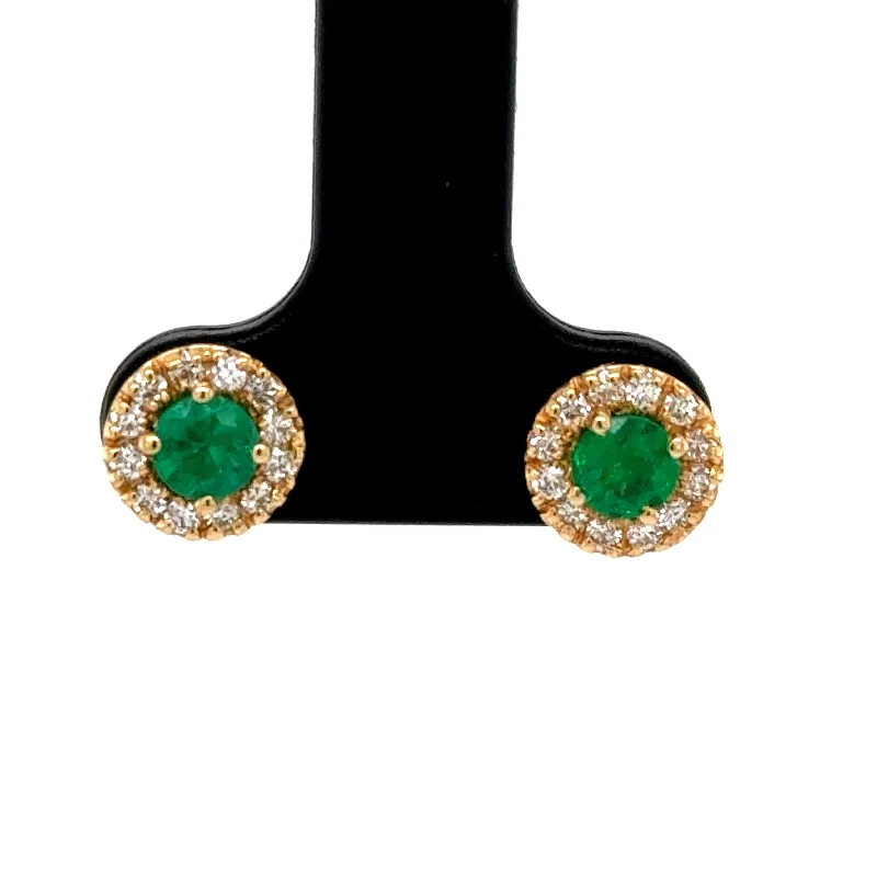 Stud Earrings with Abstract Designs -14K Yellow Gold Emerald & Diamond Halo Stud Earrings