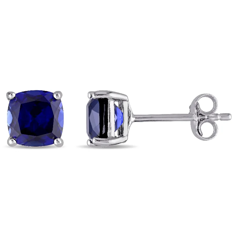 Crystal Stud Earrings for Sparkle -2 1/2 CT TGW Cushion Cut Created Blue Sapphire Stud Earrings in Sterling Silver