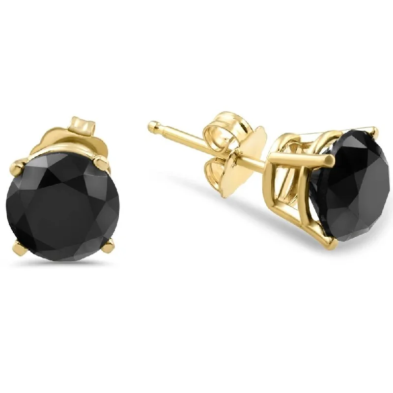 Stud Earrings with Crystals -3 1/2 TCW Yellow Gold Round Black Diamond Stud Earrings