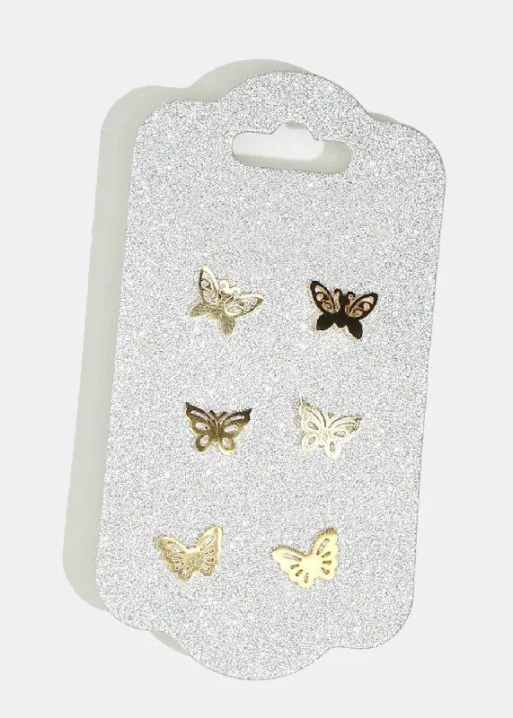 Stud Earrings with Enamel -3-Pair Butterfly Stud Earrings