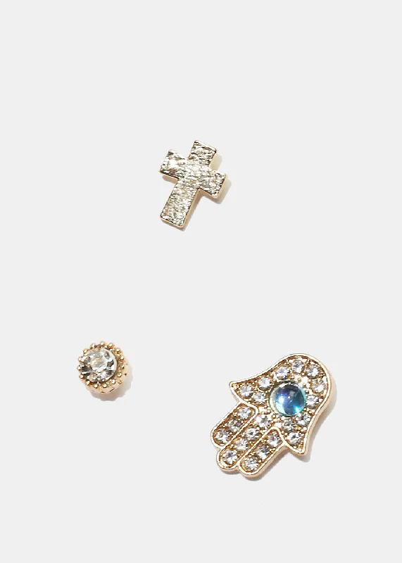 Stud Earrings with Filigree -3-Pair Cross & Hamsa Hand Stud Earrings