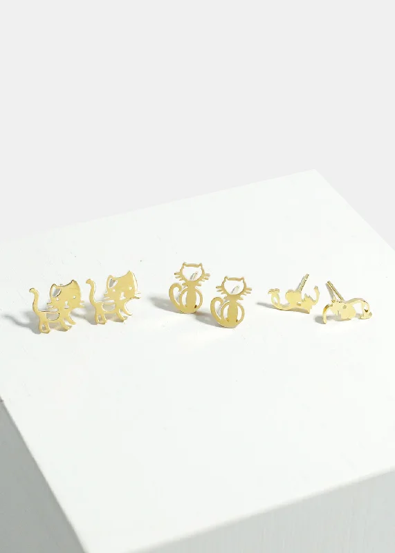 Multi Stud Earrings with Chains -3-Pair Cute Cats Stud Earrings