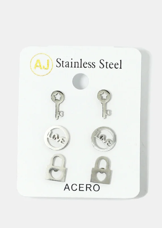 Hypoallergenic Stud Earrings for Sensitive -3-Pair Key & Lock Stud Earrings