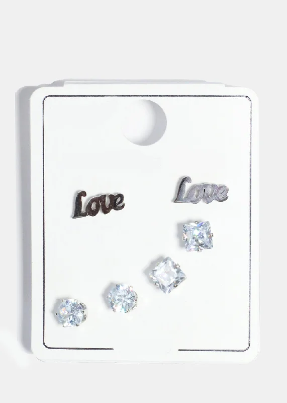 Push Back Stud Earrings for Convenience -3 Pair "LOVE" & Rhinestone Stud Earrings